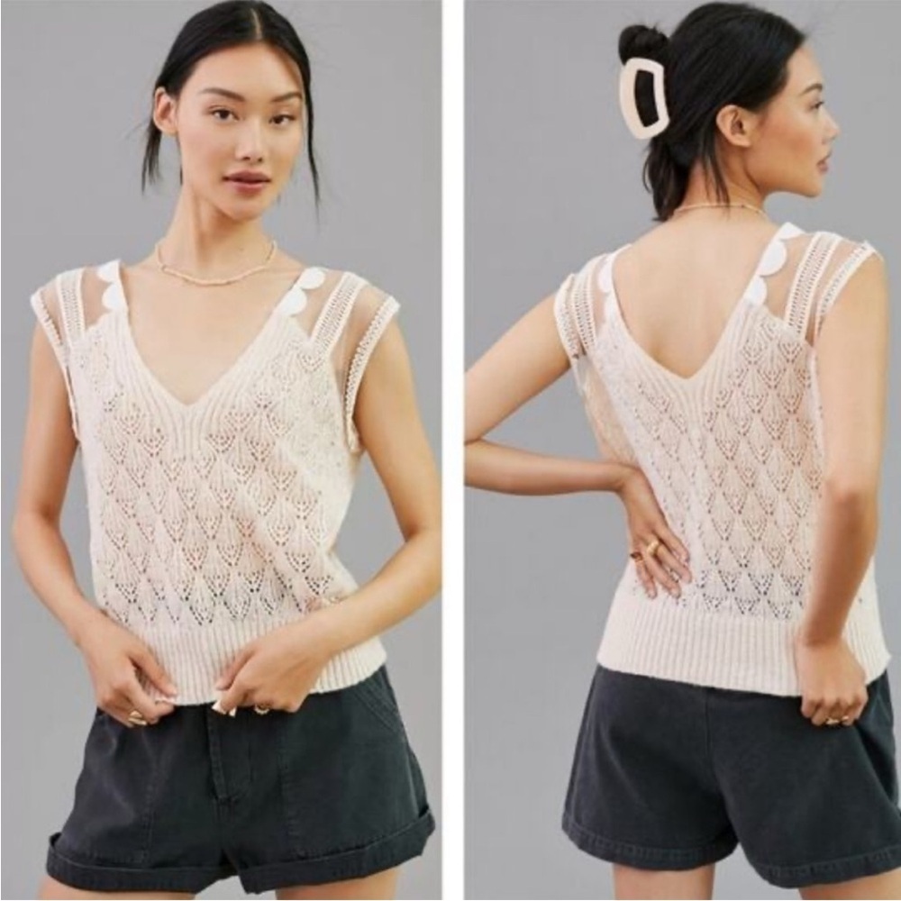 Anthropologie Cream Crochet V‑Neck Cap‑Sleeve Knit Tank